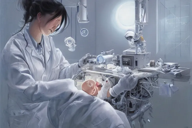 Image similar to hyperrealistic photography of a female scientist constructing a birth machine in the style of Jin Kagetsu, James Jean and wlop, highly detailed, masterpiece, award-winning, sharp focus, intricate concept art, digital painting, ambient lighting, 4k, artstation