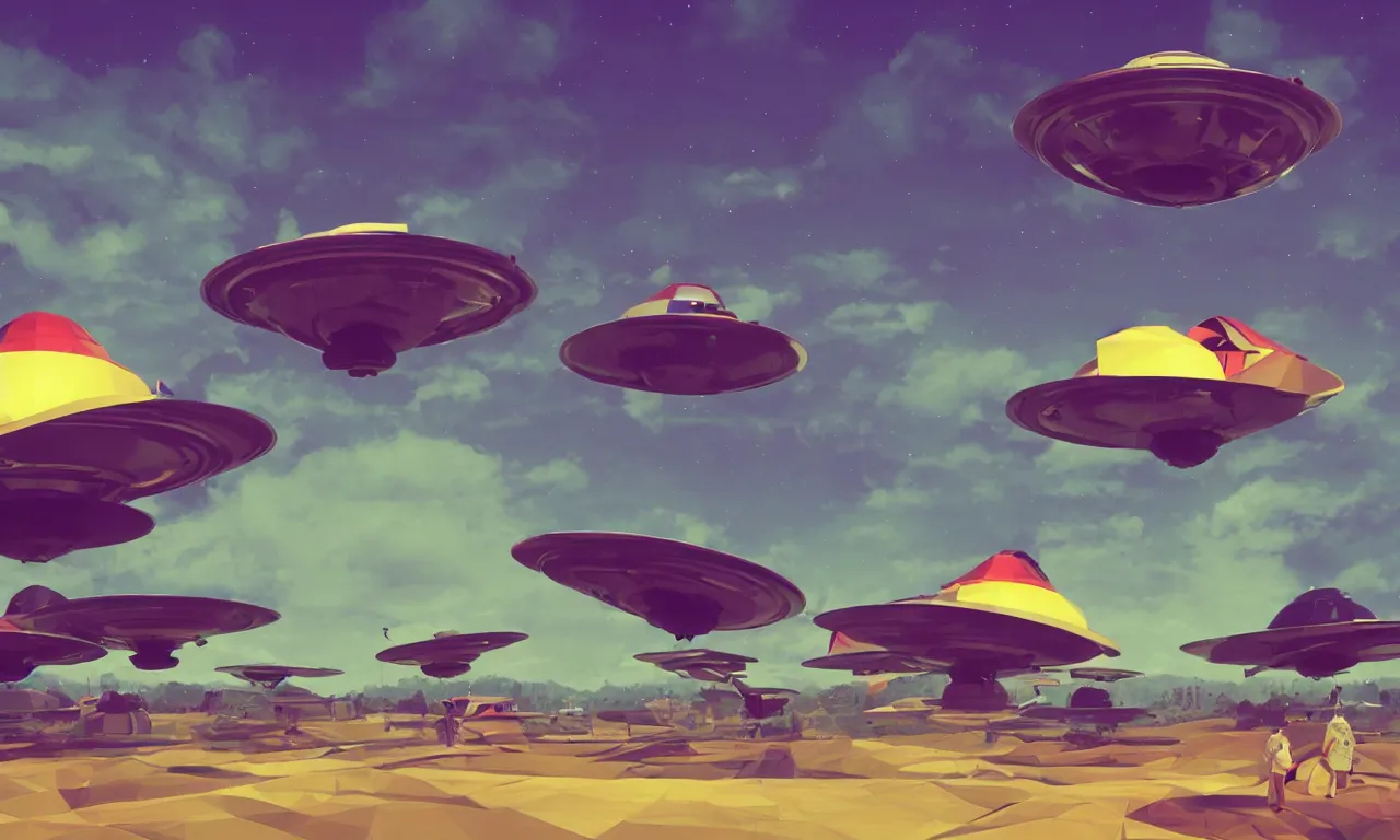 Image similar to 1950s retro flying saucer invasion, vivid colors, low poly, cinematic, 8k resolution, photorealistic, digital painting, artstation, concept art, smooth, sharp focus, illustration, fantasy background, artstation trending, octane render, unreal engine