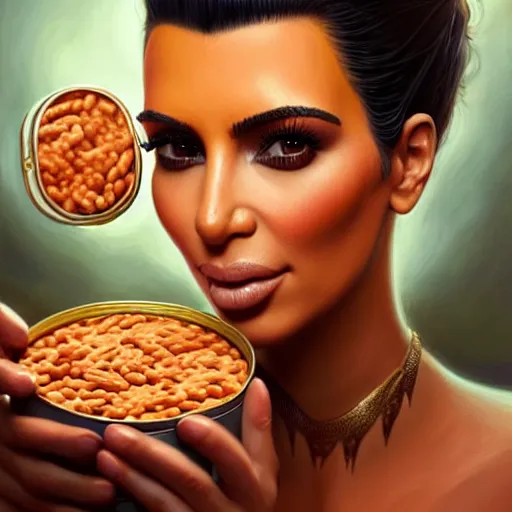 Prompt: Kim Kardashian in clown makeup eating out of a can of baked beans, closeup, D&D, fantasy, intricate, elegant, highly detailed, digital painting, artstation, concept art, matte, sharp focus, illustration, hearthstone, art by Artgerm and Greg Rutkowski and Alphonse Mucha