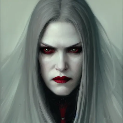 Image similar to portrait of a lady vampire, digital painting, ominous, sharp, detailed, photorealistic, high definition, 4k, artstation, donato giancola, Greg Rutkowski, matthew benedict, character design