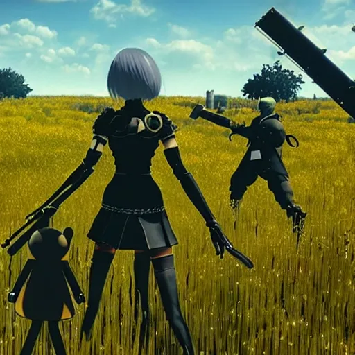 Image similar to a very high resolution image from nier : automata, featuring 9 s android fighting militarized police forces in yellow rye field under pure blue skies