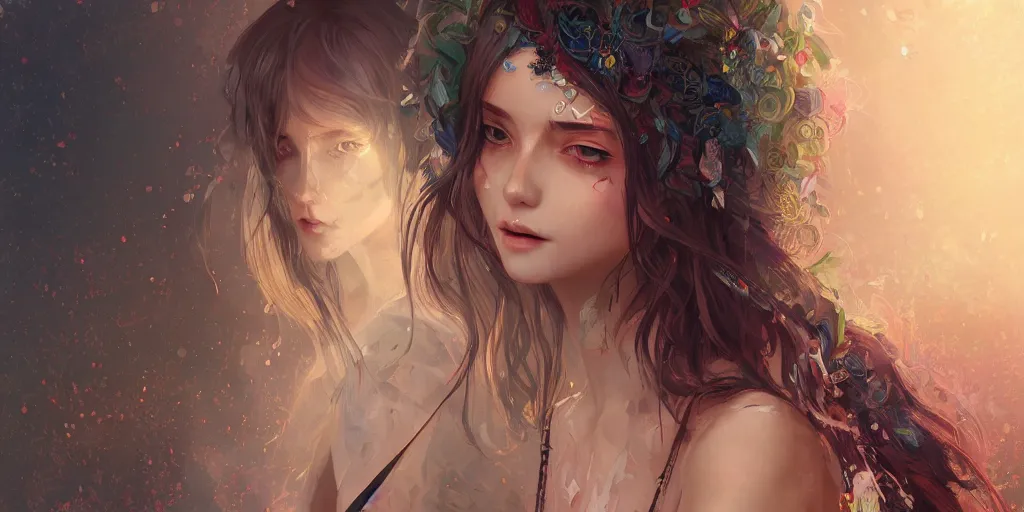 Prompt: a beautiful bohemian girl, intricate, highly detailed, digital painting, digital art, portrait, ambient lighting, sharp focus, illustration, official media, anime key visual, concept art, rich vivid colors, art by wlop