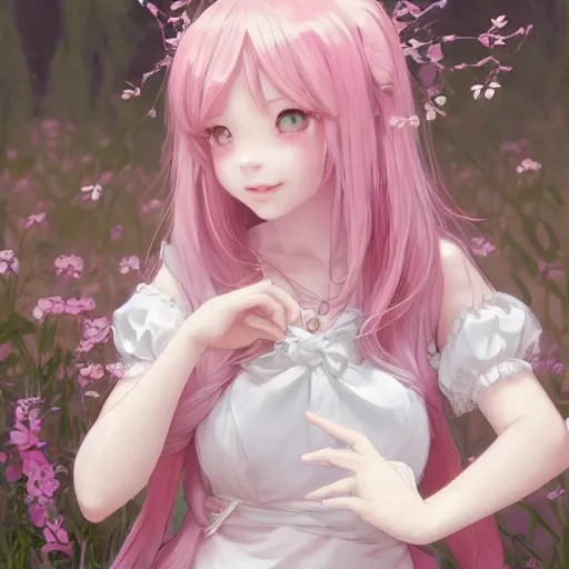 Image similar to very beautiful!!!!!! digital painting of a blushing pink-haired rabbit girl masterpiece!!!!!!, neko, maid, wlop, cinematic lighting, highly detailed, digital painting, artstation, concept art, smooth, sharp focus, illustration, art by Akihiko Yoshida, Greg Rutkowski and Alphonse Mucha 4k, 8k, ultra HD, render in octane