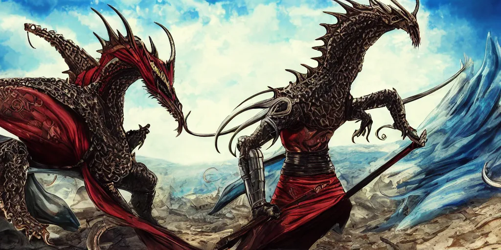 Image similar to sheikh mohammed ruler of dubai, medieval, human, village, berserk anime background, dragon rider, slimey, detailed features, concept art, pop art, illustration, smooth, sharp focus, intricate, 4 k
