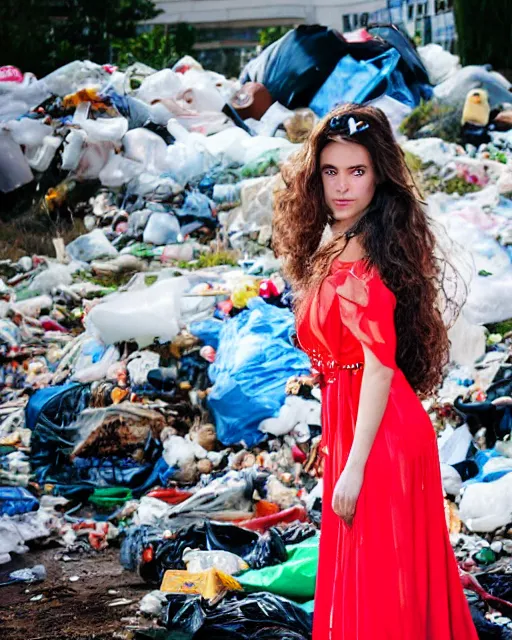 Prompt: a beautiful photo of a Young female with long hair and reflective eyes, Queen of trash wearing a gown made of plastic bags and trash, surrounded by trash all around and in the background, top cinematic lighting , very detailed, shot in canon 50mm f/1.2