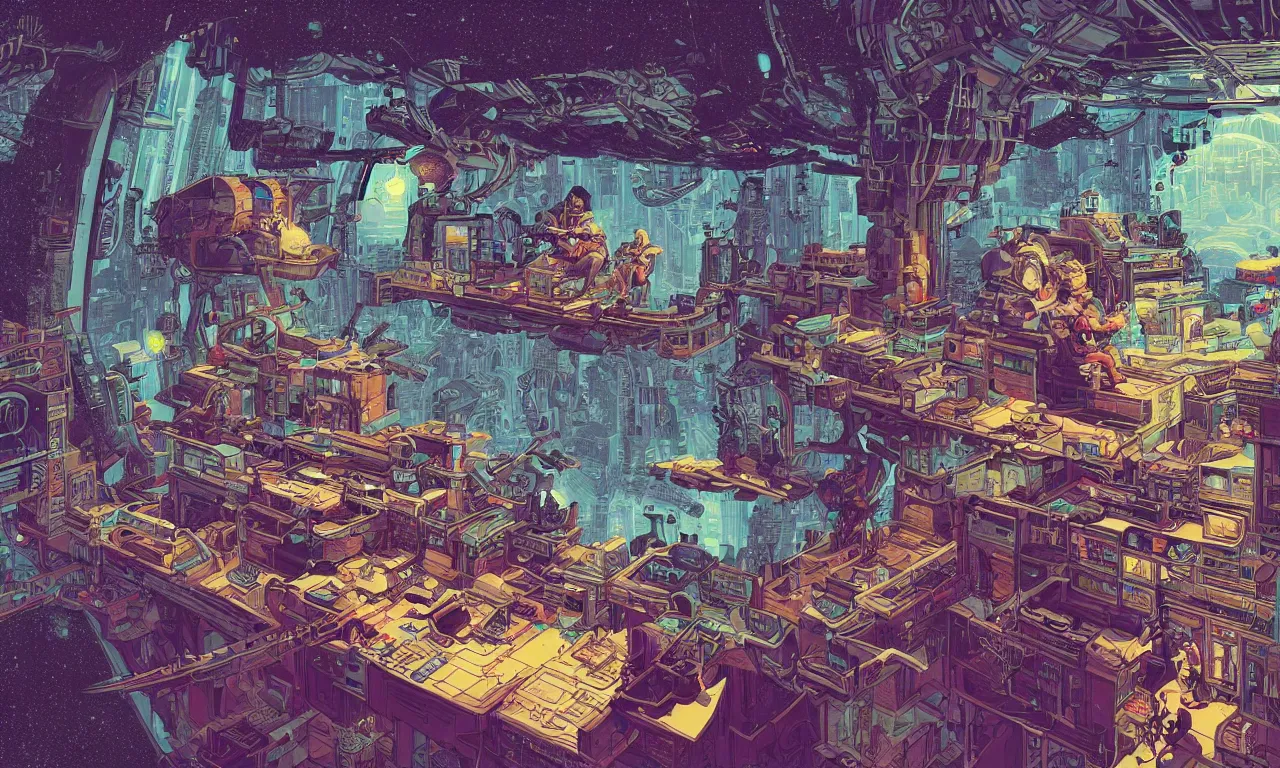 Image similar to Stunning illustration of a cyberpunk explorer playing video games in his treehouse, highly detailed, midnight, by Victo Ngai and James Gilleard , Moebius, Laurie Greasley