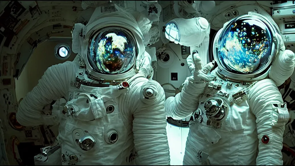 Image similar to a cybernetic symbiosis of a single astronaut eva suit infected with diamond 3d fractal lace iridescent bubble 3d skin covered with insectoid compound eye camera lenses floats through the living room, film still from the movie directed by Denis Villeneuve with art direction by Salvador Dalí, wide lens,