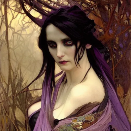 Image similar to dark goth queen with purple eyes, by jeremy mann and alphonse mucha, fantasy art, photo realistic, dynamic lighting, artstation, poster, volumetric lighting, very detailed faces, purple eyes, 4 k, award winning dark, goth, queen, dark fantasy, black, dark purple, hyperrealistic portrait, art of elysium, full figure, very detailed face,