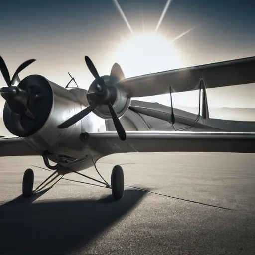 Image similar to beautiful shiny rotor plane about to take off, vintage 50s plane, high resolution 4k picture, engine is rotating and about to take off. sun glare on the camera