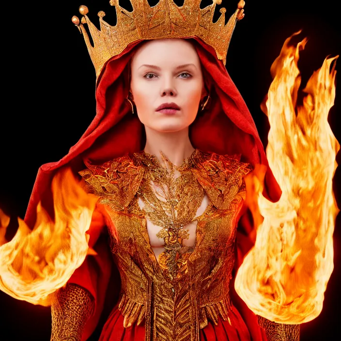 Prompt: photograph of a real-life beautiful fire queen with intricate crown and cloak. Extremely detailed. 8k