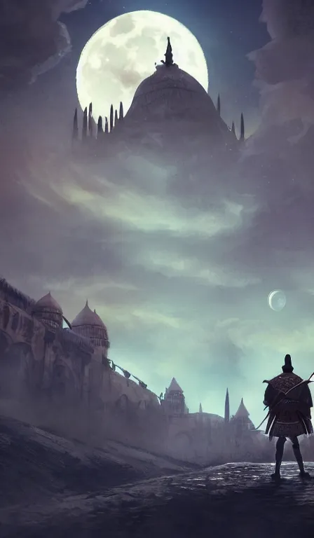 Image similar to a lonely turkic Warrior looks up to the sky at the moon, sitting near a central Asian styled yurt, Anor Londo, dramatic lighting, cinematic, establishing shot, extremely high detail, photorealistic, cinematic lighting, artstation, by simon stalenhag