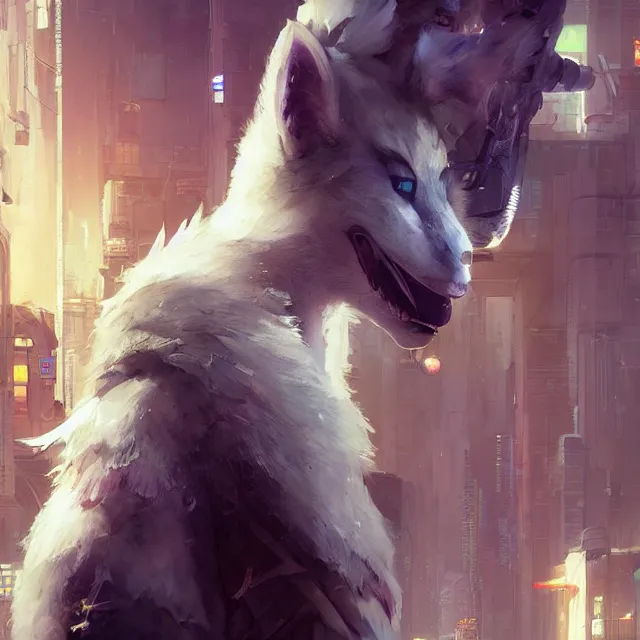 Image similar to a beautiful portrait of a cute male anthropomorph white wolf wearing in cyberpunk city. character design by cory loftis, fenghua zhong, ryohei hase, ismail inceoglu and ruan jia. artstation, volumetric light, detailed, photorealistic, rendered in octane