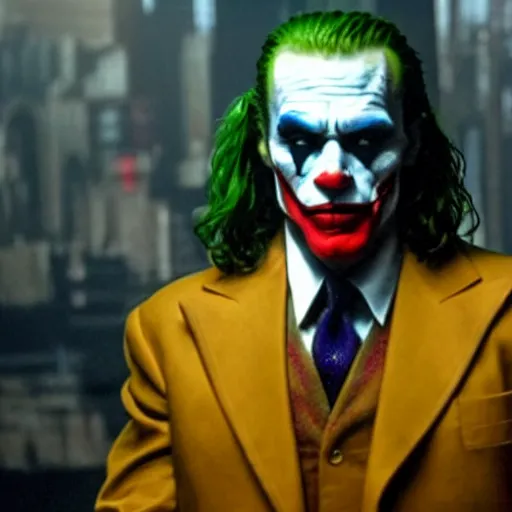 Prompt: awe inspiring Arnold Schwarzenegger playing The Joker 8k HDR movie still amazing lighting