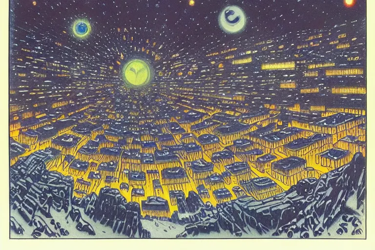 Prompt: a scifi illustration, Night City on Hoth by Louis Wain (1920)