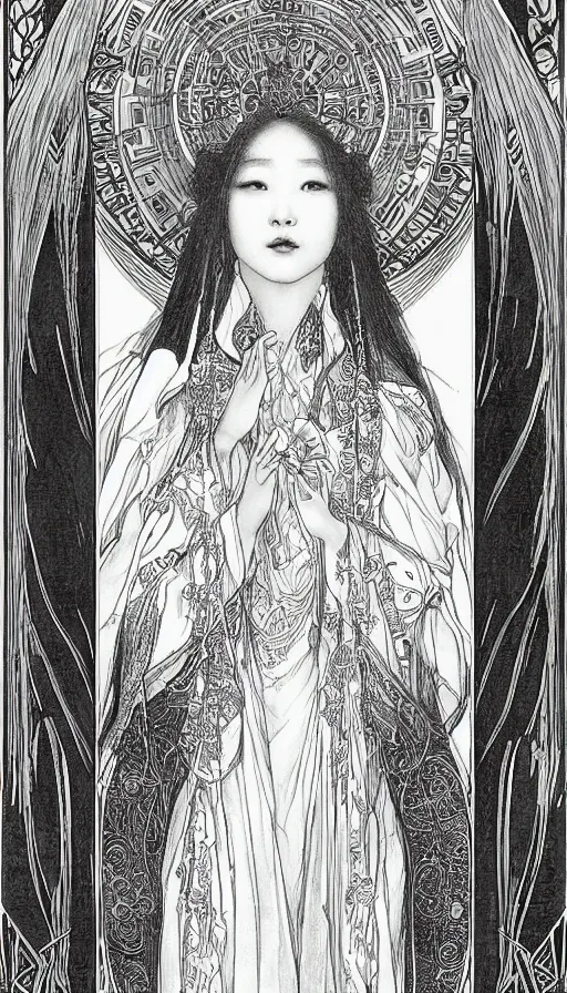 Prompt: yoon young bae as the high priestess, by mucha, black and white graphite drawing, smooth render