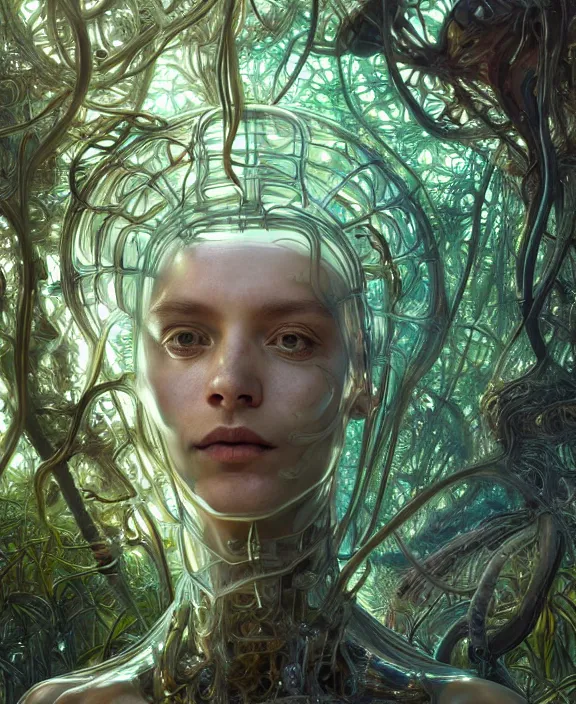 Image similar to opulent transparent clear see - through portrait of a terrifying beautiful male alien centipede computer cyborg, mottled coloring, adorable, childlike, overgrown biopunk jungle environment, ultra realistic, concept art, art nouveau, photorealistic, octane render, 8 k, unreal engine. art by christopher marley and artgerm and greg rutkowski and alphonse mucha