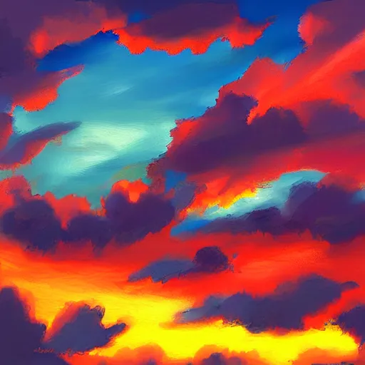 Prompt: a vivid sky at sunset, shot in the sky, loots of clouds, digital art, trending on artstation, by sarah jane brown