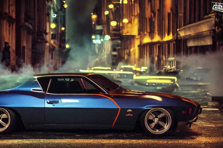 Prompt: widebody audi camaro b 1 ( 1 9 6 9 ), need for speed : carbon, at night, neon lines, lviv historic centre, phonk music background, smoke behind wheels, noise, dark, establishing shot, by simon stalenhag