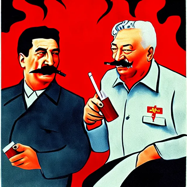 Prompt: stalin and yeltsin in hell drink vodka and smoke cigarettes, scary art in color