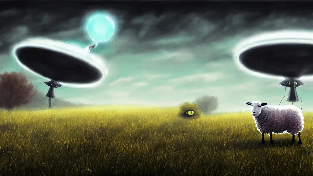 Prompt: sheep in a field being abducted by a ufo!, horror cartoon, hyper energy, punk aesthetic, highly detailed, digital painting, artstation, concept art, sharp focus, illustration,