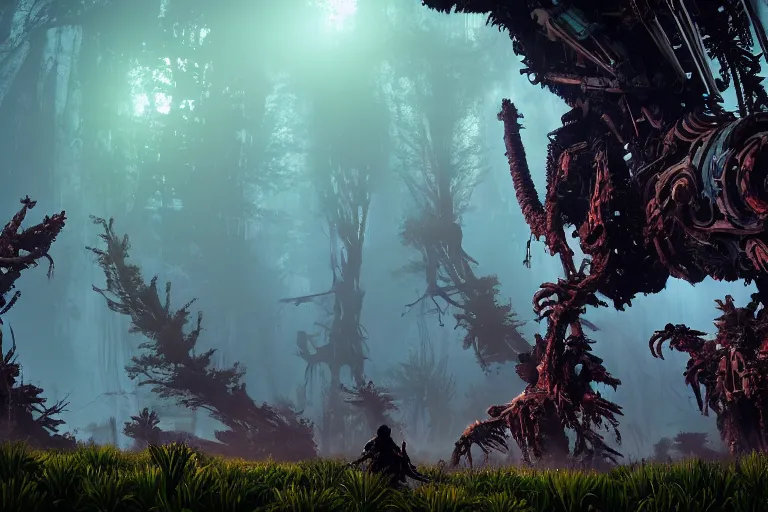 Image similar to wide epic shot from horizon forbidden west. a hyper detailed organic mechanic creatuve realistic similar look as horizon forbidden west horizon zero dawn, bioluminiscence in a dark deep forest at dawn in spring, with reflection and textures, by kilian eng, substance painter reaslitic mech surface metal painted scratches, world env from horizon forbidden west horizon zero dawn