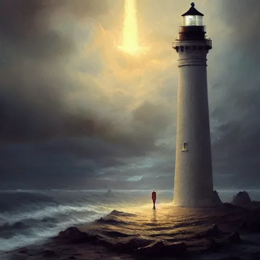 Prompt: a lighthouse standing on a cloud,digital art,realiatic,hyperdetailed,art by greg rutkowski,trevor henderson,photorealistic,mega realistic,surreal,fantasy