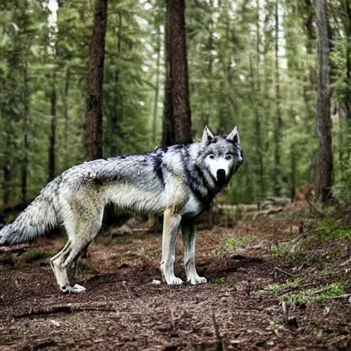 Image similar to a giant gray wolf with wings and glowing green eyes flying through a forrest hunting prey