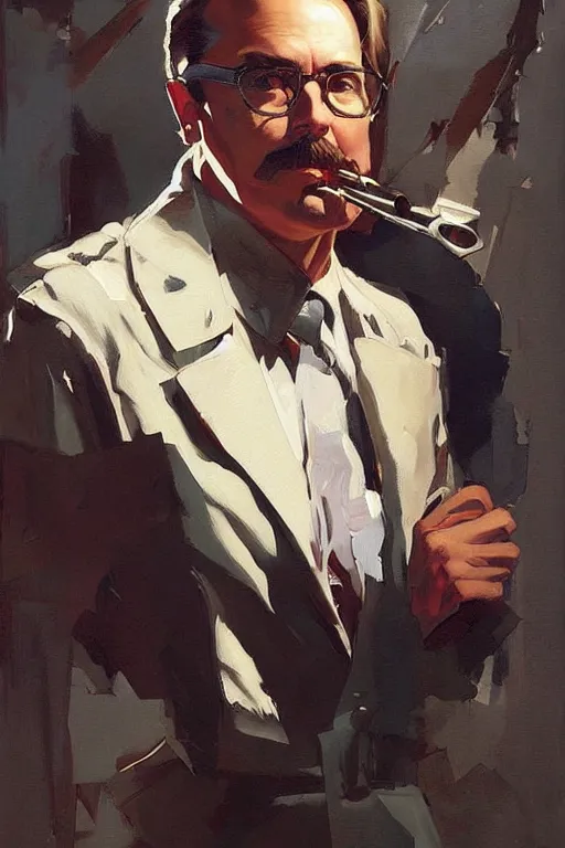 Image similar to vince gilligan painting by jc leyendecker!! phil hale!, angular, brush strokes, painterly, vintage, crisp