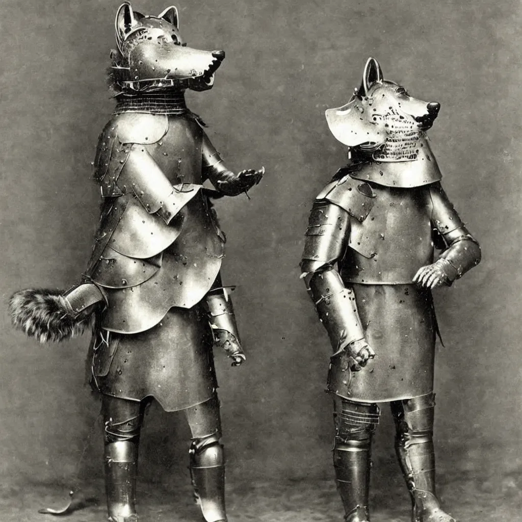 Prompt: anthropomorphic furry wolf in suit of armor, 1900s photograph