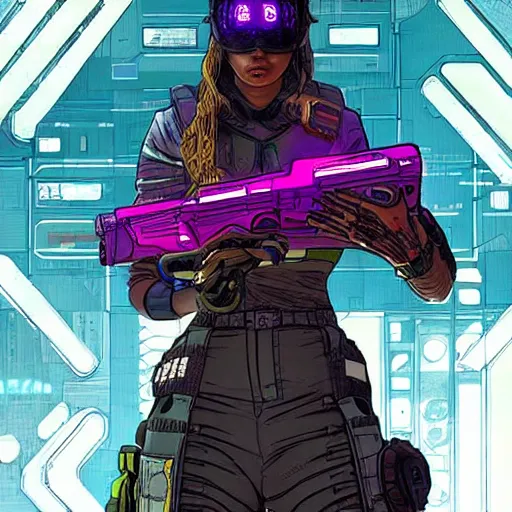 Image similar to Sonya. Apex legends cyberpunk feminist hacker. Concept art by James Gurney and Mœbius.