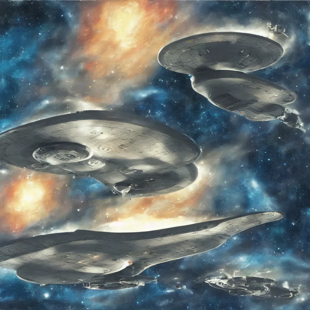 Image similar to oil painting of the uss enterprise ncc - 1 7 0 1 e, star trek enterprise, digital art, trending on artstation, beautiful, space, oil painting