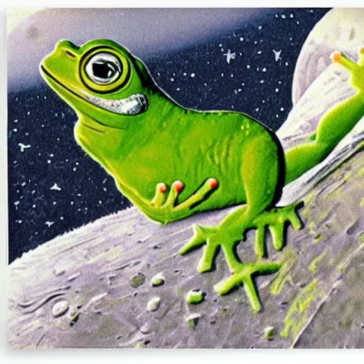 Image similar to pepe the frog landing on the moon by norman rockwell