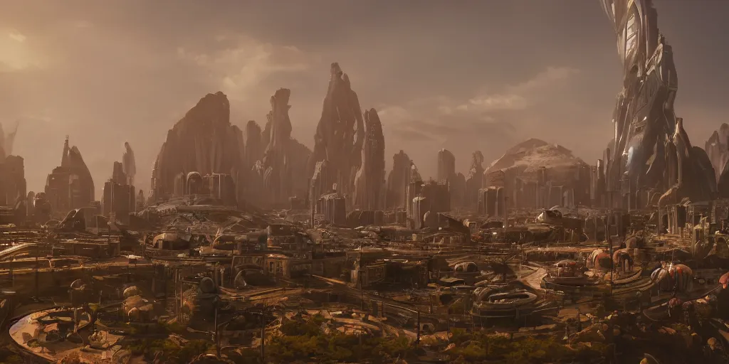 Image similar to a city on an alien planet, cinematic lighting, detailed oil painting, unreal 5 render, 8k