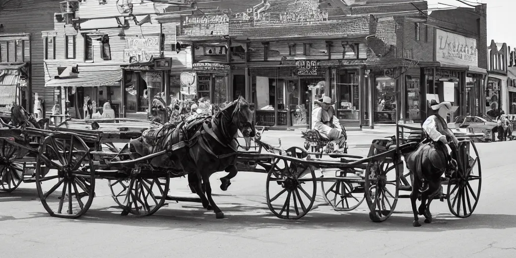 Prompt: huge cowboy pushing a wagon on a busy old west Main Street in the style of Fredrick Remington