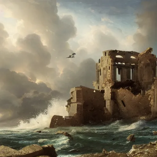 Prompt: Panorama view of a hurricane lifting the ruins of a castle into the sky, flying island, oil painting, by Greg Rutkowski