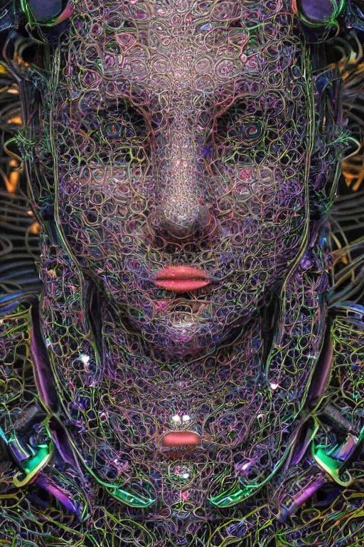 Prompt: a melancholic realistic 8k Sculpture of a complex robotic human face, liquid simulation, bright psychedelic colors, dramatic lighting, hexagonal mesh wire, filigree intricate details, cinematic, fleshy musculature, white blossoms, elegant, 50mm lens, DOF, octane render, art nouveau, 8k post-processing, intricate art by Raymond Swanland