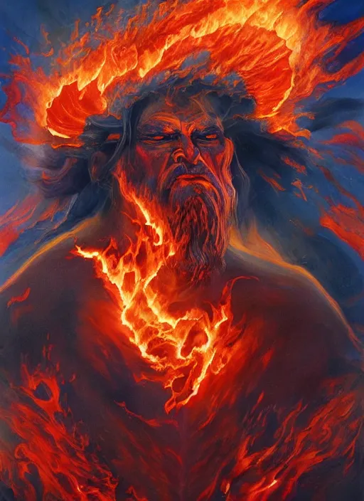 Image similar to the god of fire and brimstone. painting by caelan stokkermans and bogdan rezunenko
