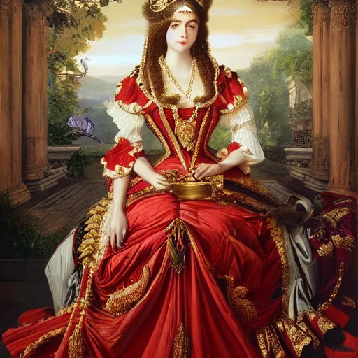 Prompt: A extremely highly detailed majestic hi-res beautiful painting of a beautiful woman wearing a long royal red silk dress, the crown jewels is on her head and she is holding a golden goblet and around her neck is a ornate golden necklace decorated with diamonds and rupees by Franz Xaver Winterhalter, high detail, hyperrealistic, photorealistic, octante render, cinematic, high textures, hyper sharp, 4k insanely detailed and intricate, hypermaximalist, 8k, hyper realistic, super detailed, 4k HDR hyper realistic high quality by Franz Xaver Winterhalter
