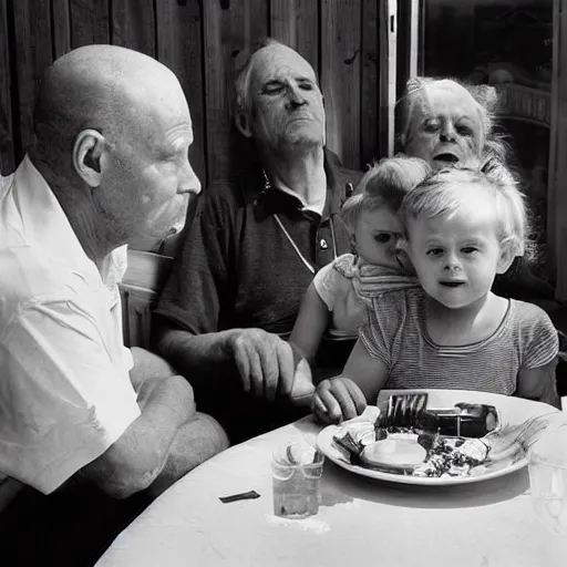 Image similar to black and white photograph of family at table by Eugene Richards