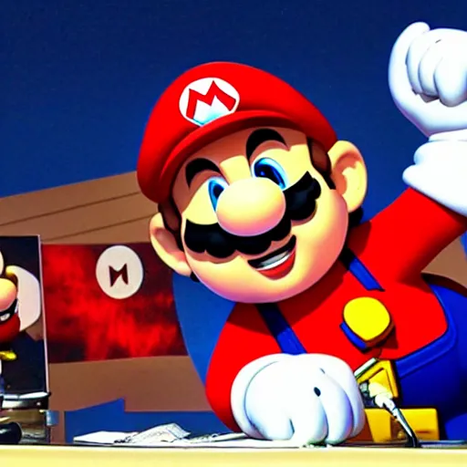 Prompt: Super Mario interviewed on his own Comic Con Panel