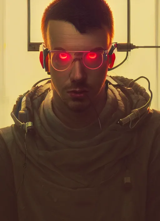 Prompt: highly detailed portrait of a cyberpunk gloomy hacker, wires connect to the head, stephen bliss, unreal engine, greg rutkowski, loish, rhads, beeple, makoto shinkai and lois van baarle, ilya kuvshinov, rossdraws, tom bagshaw, alphonse mucha, global illumination, detailed and intricate environment