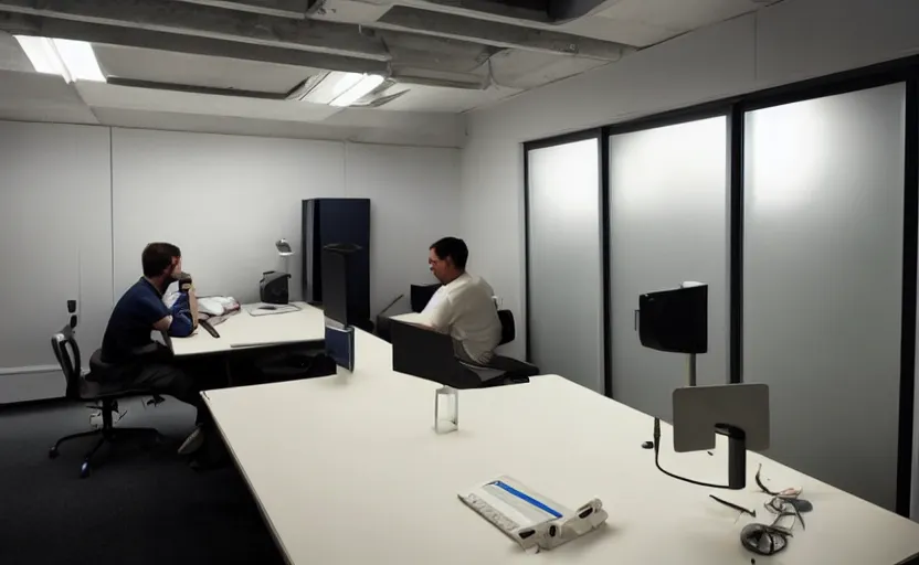 Image similar to looking over a man sitting by desk talking into tannoy system. low lit radio booth, one single lamp, keyboard, door to lab, sweaty. strange