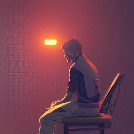 Prompt: young man looking at his phone sitting on a stool in a dark room with laser light, glistening skin, cyberpunk, art nouveau, dynamic lighting, high detail, concept art, artstation. by Paolo Eleuteri Serpieri