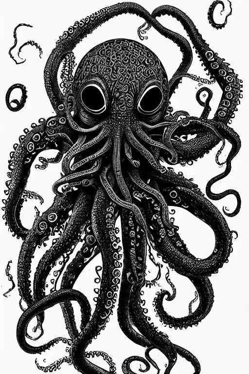 Image similar to black ink on paper, alien octopus, trending on artstation, beautiful, intricate, detailed