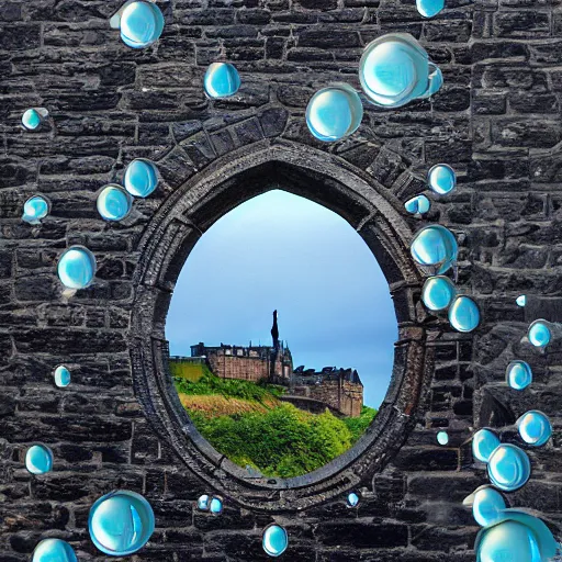 Image similar to Edinburgh Castle rendered as if deep underwater, bubbles in the water