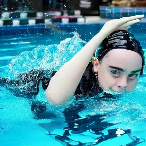 Prompt: billie eilish swimming in a pool full of dollars