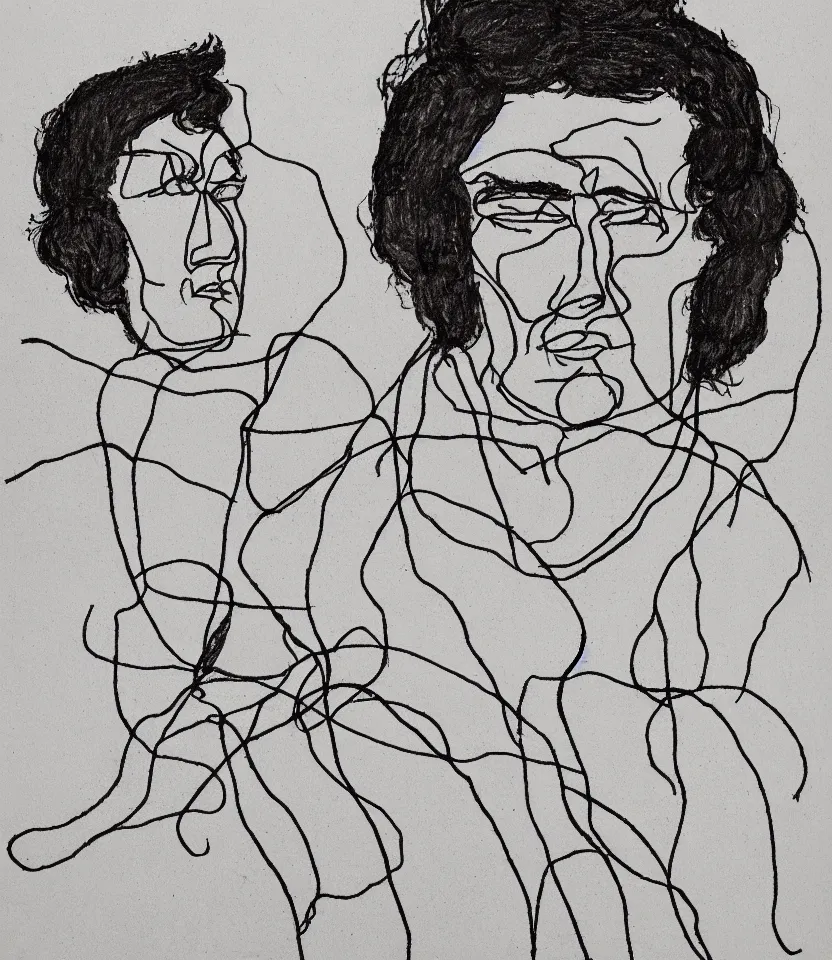 Image similar to minimalist line art portrait of german composer ludwig van beethoven, inspired by egon schiele. contour lines, freestyle twirls and curves, musicality
