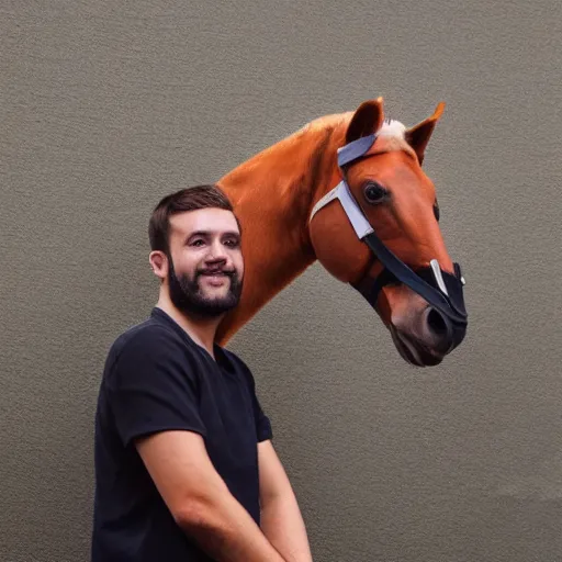 Prompt: man wearing horse head mask on shoulder of man