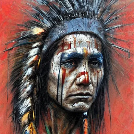 Image similar to A Native American warrior, war paint, realistic, sharp focus, 8k high definition, insanely detailed, intricate, elegant, art by Guy Denning