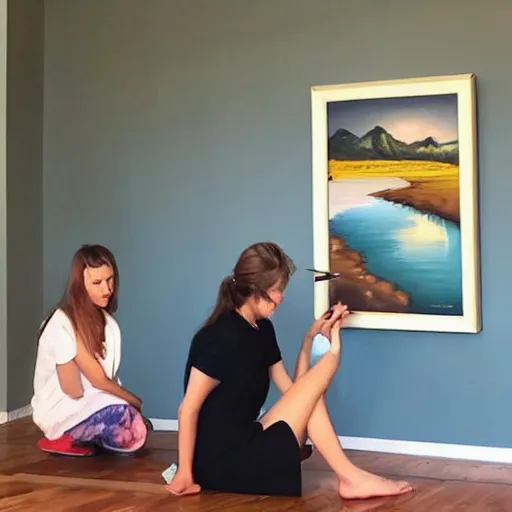 Prompt: a woman sitting on the floor next to a painting, a photorealistic painting by rhads, trending on pexels, arbeitsrat fur kunst, art, fine art, oil on canvas